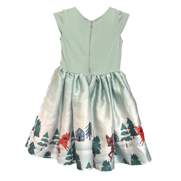 H&M Girls Dress With Reindeer Mint Green Cap Sleeve Bow Lined Size 6X-7 - Picture 3 of 6